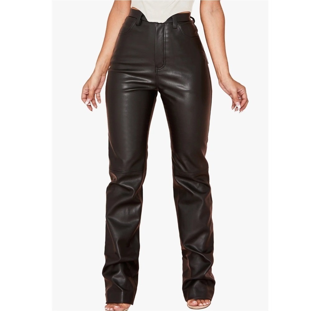 HOUSE OF CB Small Black Inaya High Waist Faux Leather‎ Straight Leg Pants Grunge